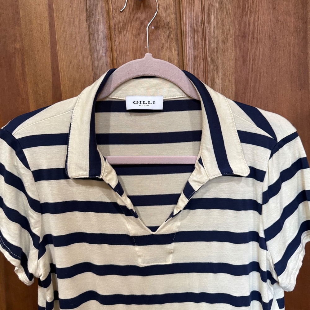 Gilli Striped Polo Shirt Womens Tan Navy Short Sleeve V Neck‎ Casual Size M - Picture 4 of 5